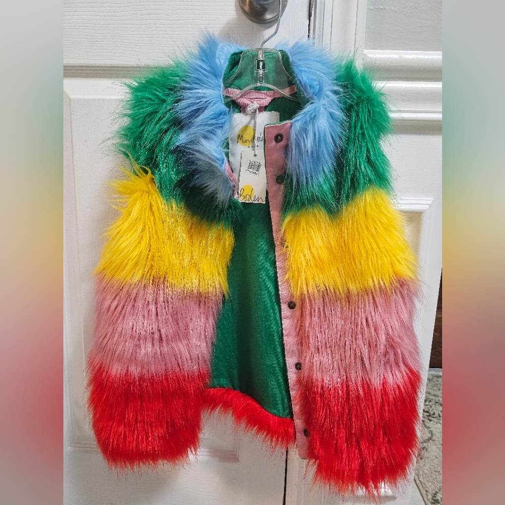 Mini Boden Kids' Rainbow Faux Fur Gilet, Multi, 5-6Y